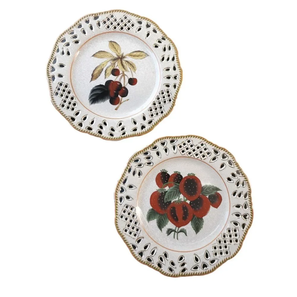 Set of Two Vintage Reticulated Porcelain Plates With Botanical Fruit Design 10.5